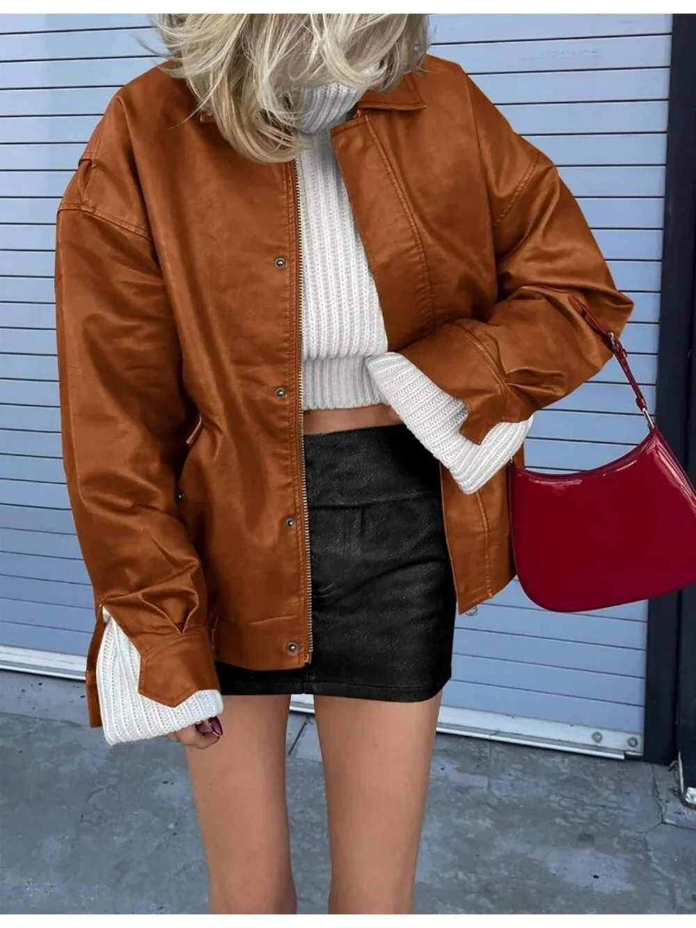 Women's Brown Oversized Winter Moto Biker ZIP Up Fall Faux Leather Jacket